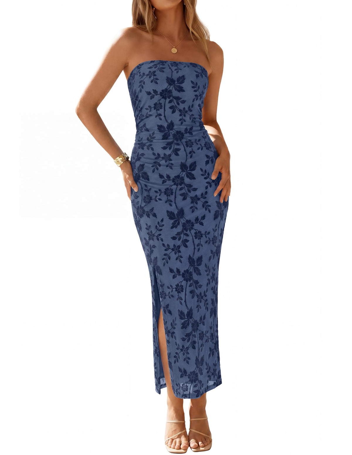 ZESICA Womens Summer Strapless Floral Bodycon Ruched Slit Maxi Formal Dress