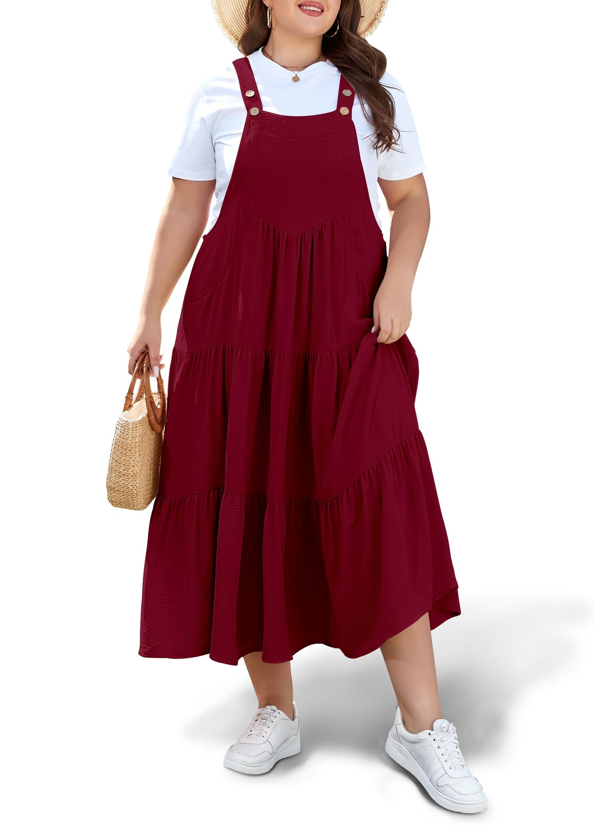 Moon Wood Plus Size Overall Dress for Women Summer Casual Maxi Dresses Jumper Dresses with Pockets Adjustable Straps