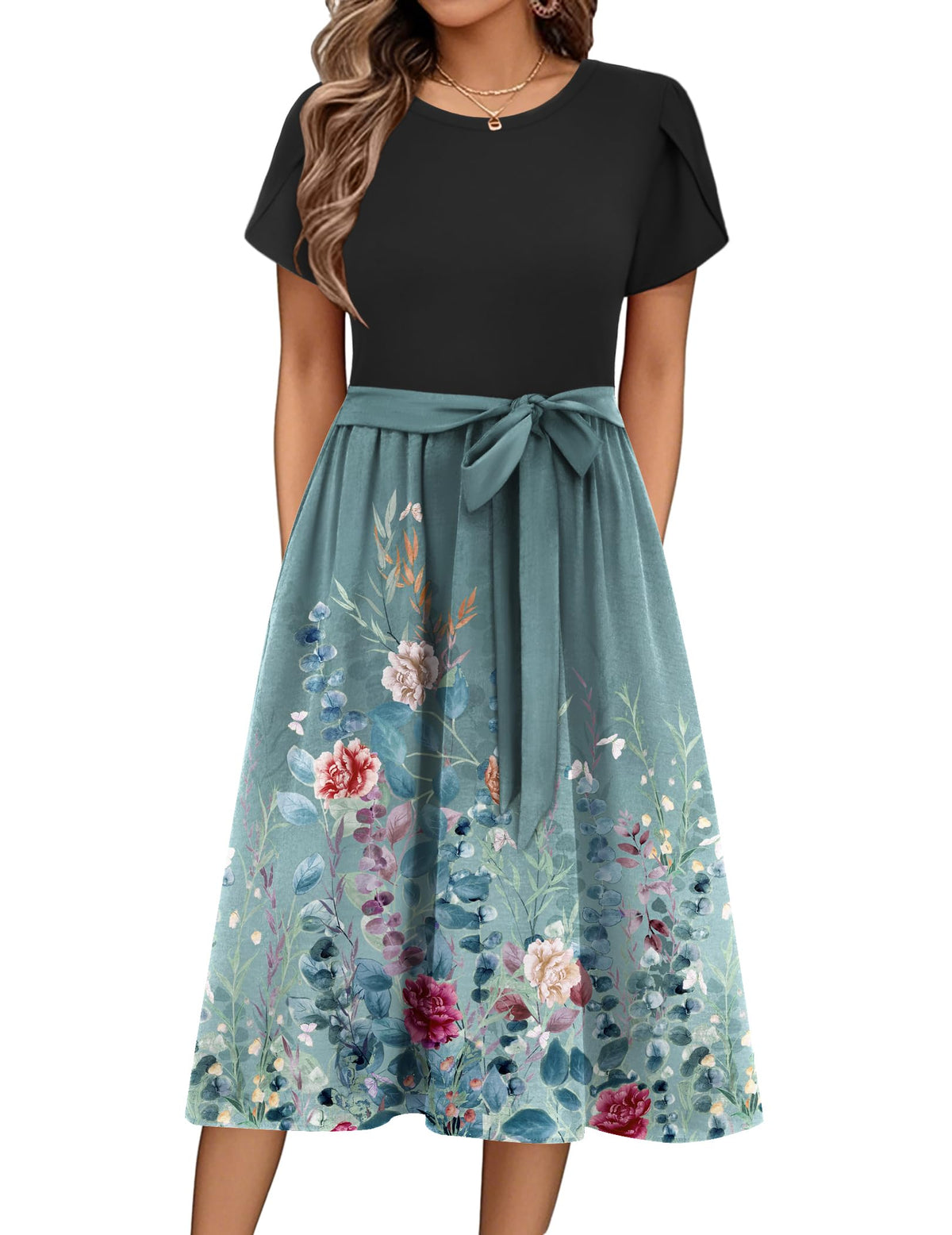 Zeagoo Womens Midi Dress Summer Short Sleeve Dress with Pockets 2025 Casual Floral T-Shirt Dress Flowy Beach Sundress