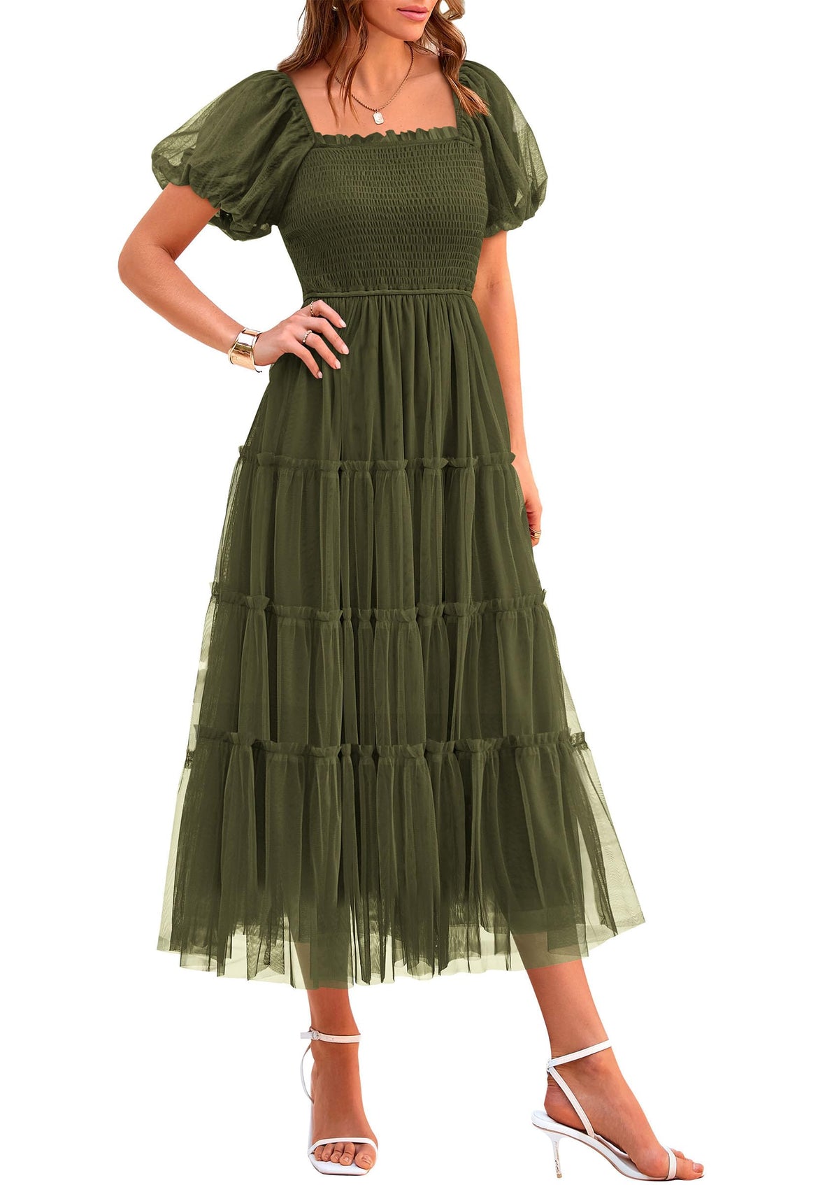 PRETTYGARDEN Women's Summer Smocked Midi Tulle Dress