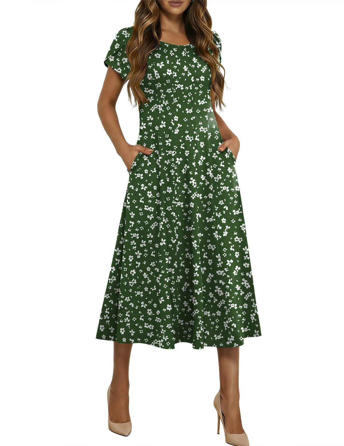 HOTOUCH Summer Dresses for Women 2026 Casual Midi Dress Petal Short Sleeve A Line Dress Pleated Flare Sundress