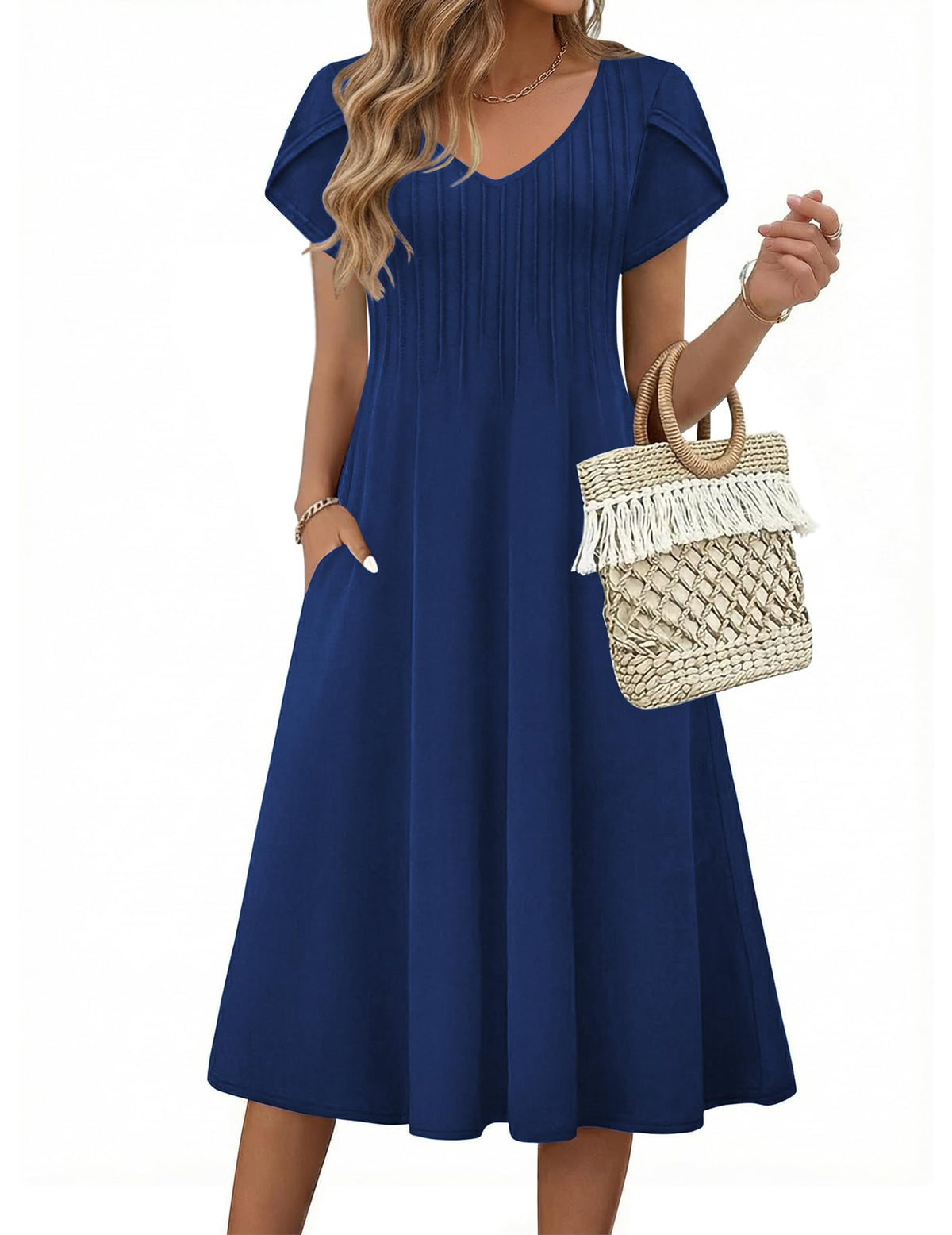 Zeagoo Womens Casual Summer Dress 2026 Short Sleeve Dresses Pleats Midi A Line Flowy Dress Boho Beach Sundress with Pockets