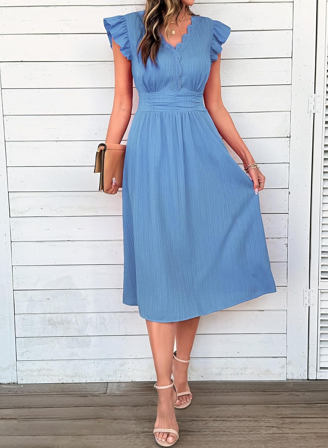 SHEWIN Women Summer Elegant Ruffle Sleeve Dress Semi Formal Outfits