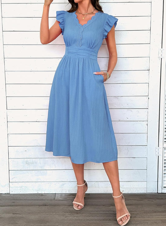 SHEWIN Women Summer Elegant Ruffle Sleeve Dress Semi Formal Outfits