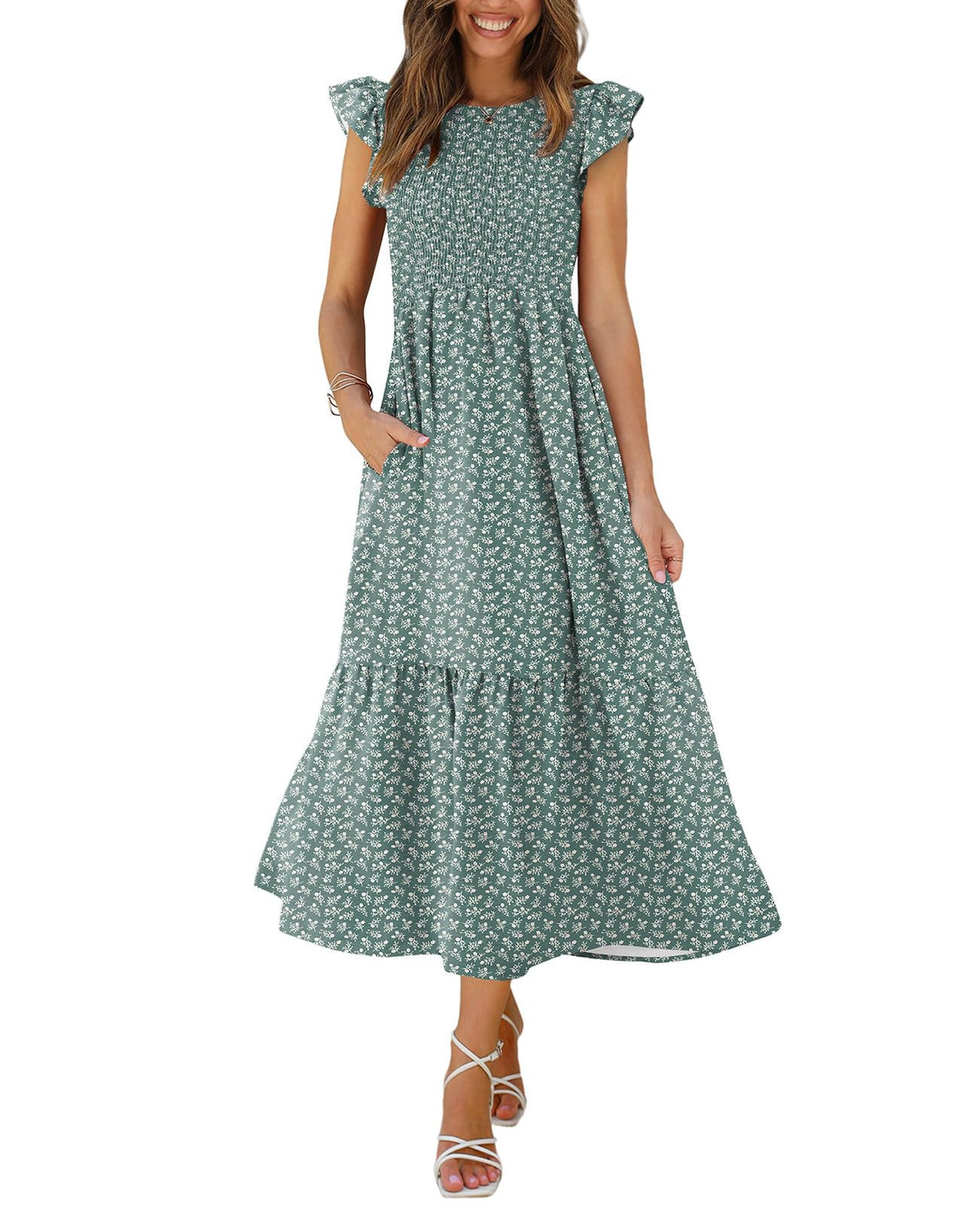 OFEEFAN Women's Casual Maxi Dresses with Pockets Ruffle Sleeve Smocked Dress XS-2XL