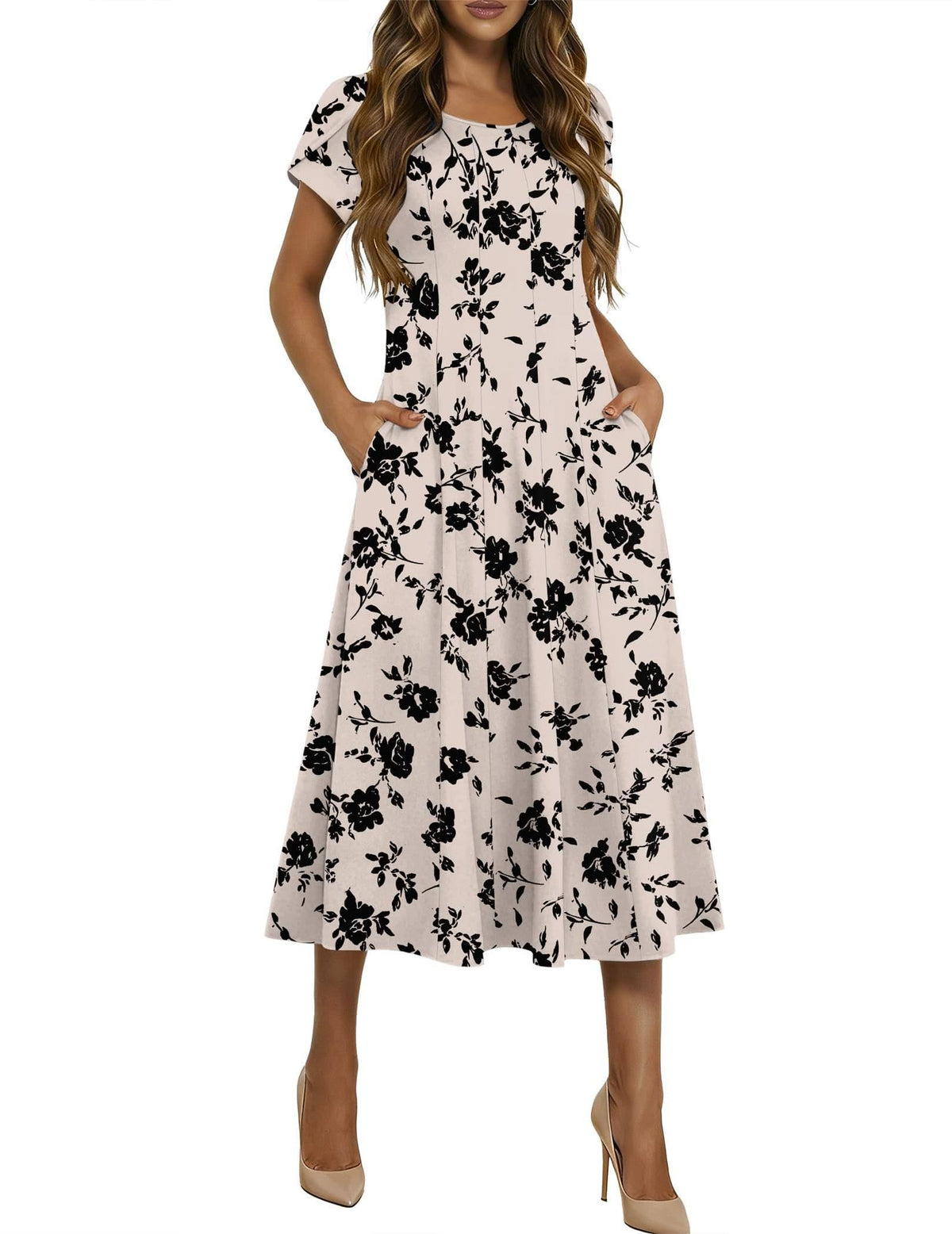 HOTOUCH Summer Dresses for Women 2026 Casual Midi Dress Petal Short Sleeve A Line Dress Pleated Flare Sundress