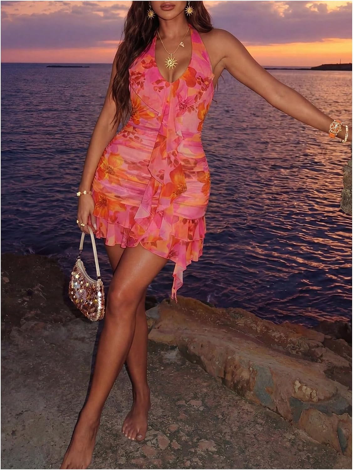 SOLY HUX Women's Halter Sundress Summer Ruffle Floral Mini Dresses