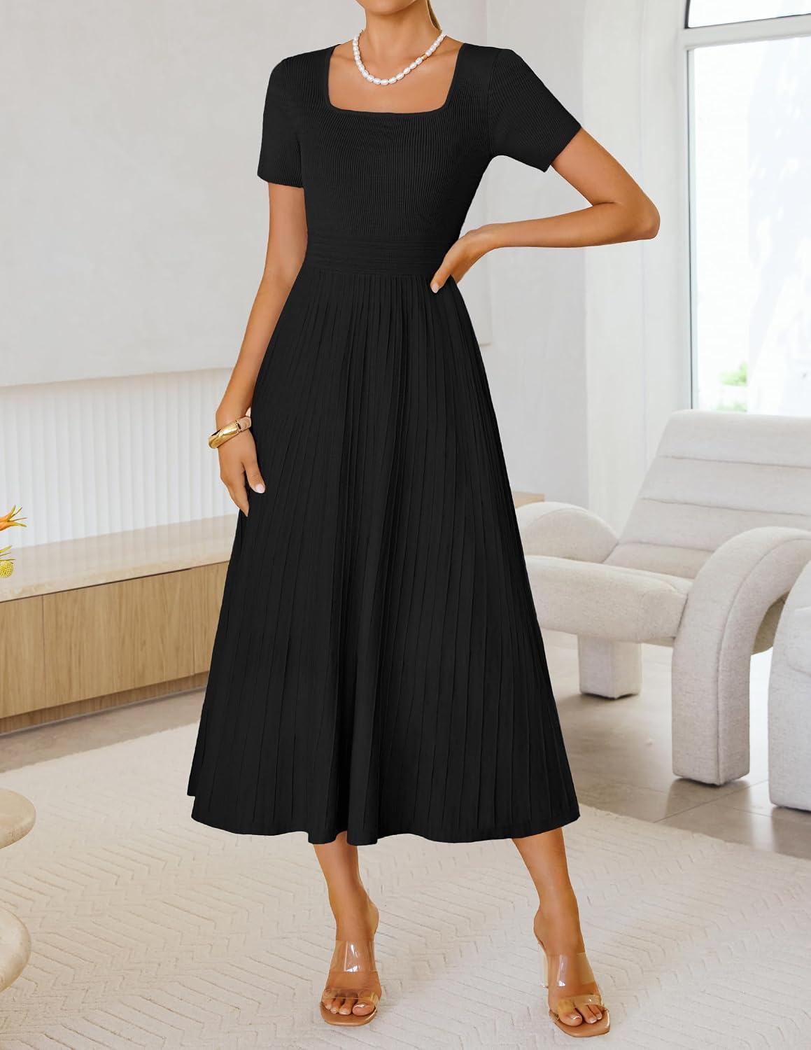 ZESICA Womens Elegant Pleated Wedding Guest Midi Sweater Dress