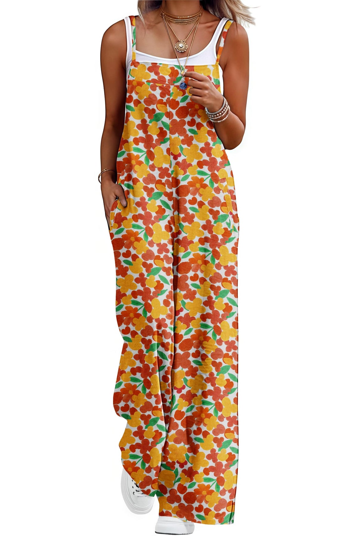 Lepunuo Womens Casual Loose Jumpsuits Summer Boho Wide Leg Rompers Sleeveless Overalls with Pockets