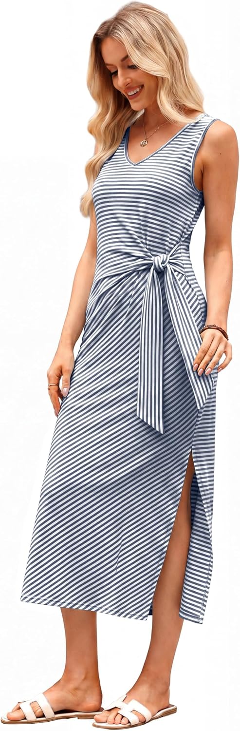 OFEEFAN Summer Dresses for Women 2026 V Neck Sleeveless Casual Dress Elegant Work Long Midi Dresses for Women Tie Waist