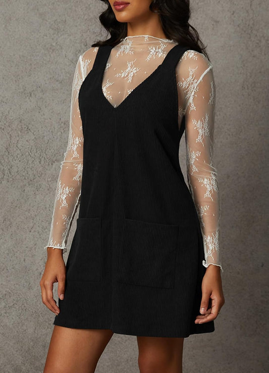 Navneet Women Corduroy Overall Dress V Neck Pinafore Jumper Mini Dress