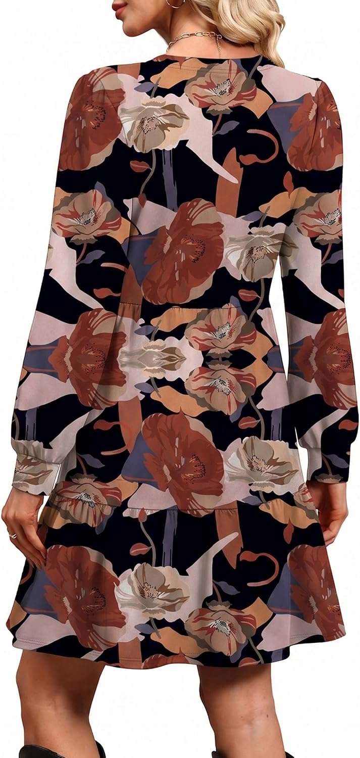 OFEEFAN Fall Dresses for Women V Neck Long Sleeve Tiered Dress with Pockets