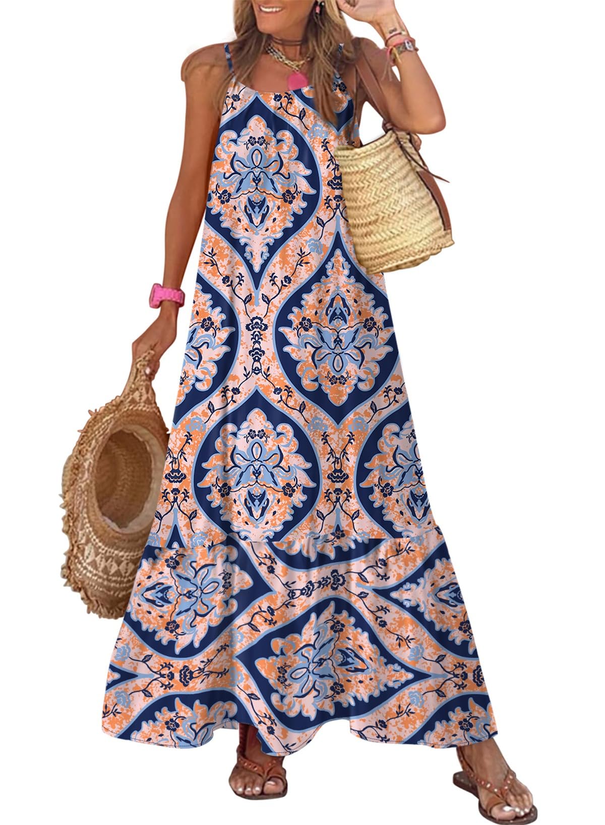 Dokotoo Women Summer Dresses Scoop Neck Ruffle Flowy Boho Maxi Dress