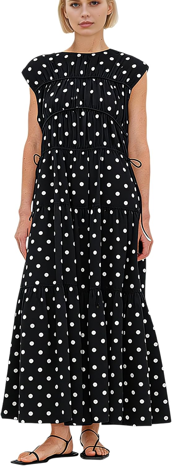 calbatic Women Pleated Ruched Tiered Maxi Dress Sleeveless Patchwork Ruffle Hem A Line Flowy Summer Elegant Long Dress