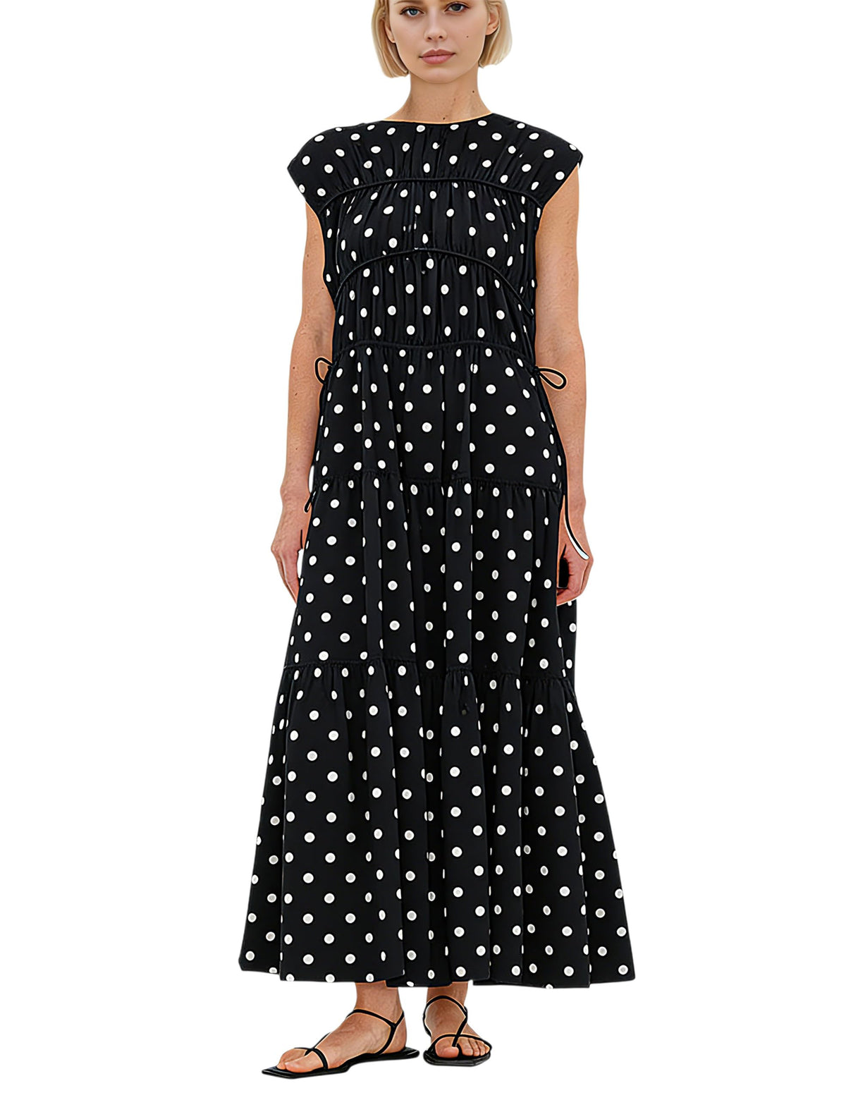 calbatic Women Pleated Ruched Tiered Maxi Dress Sleeveless Patchwork Ruffle Hem A Line Flowy Summer Elegant Long Dress