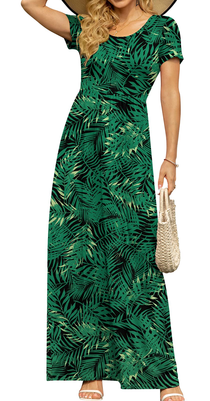 DB MOON Women's Summer Maxi Dress Casual Short Sleeve Empire Waist Pockets