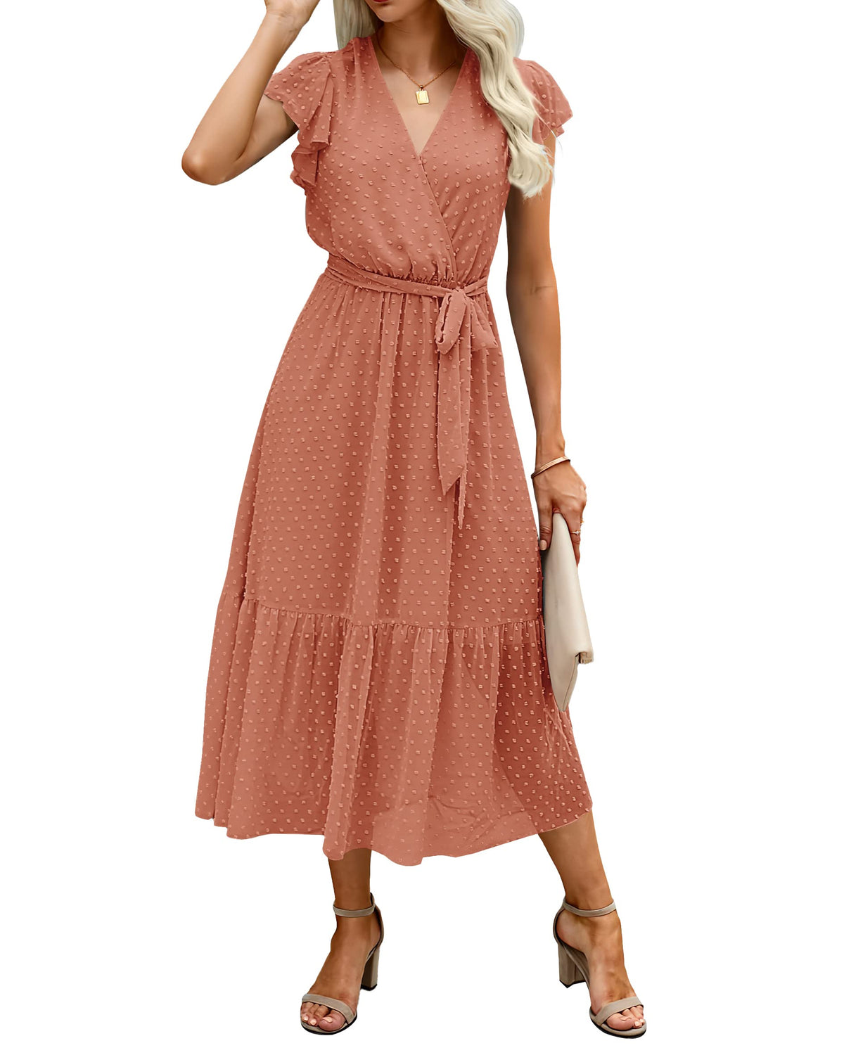 BTFBM Women Summer Casual Wrap V Neck Ruffle Cap Sleeve Belted Midi Dress
