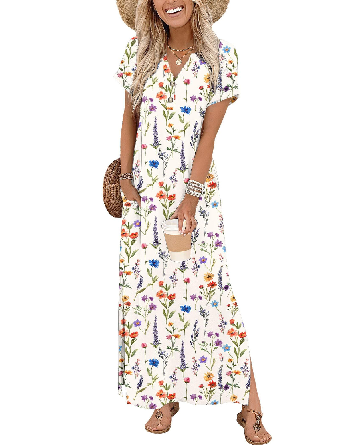Zeagoo Summer Dresses for Women 2026 Maxi Dresses Vacation Sundress Short Sleeve Casual Sundresses Split Dress with Pockets