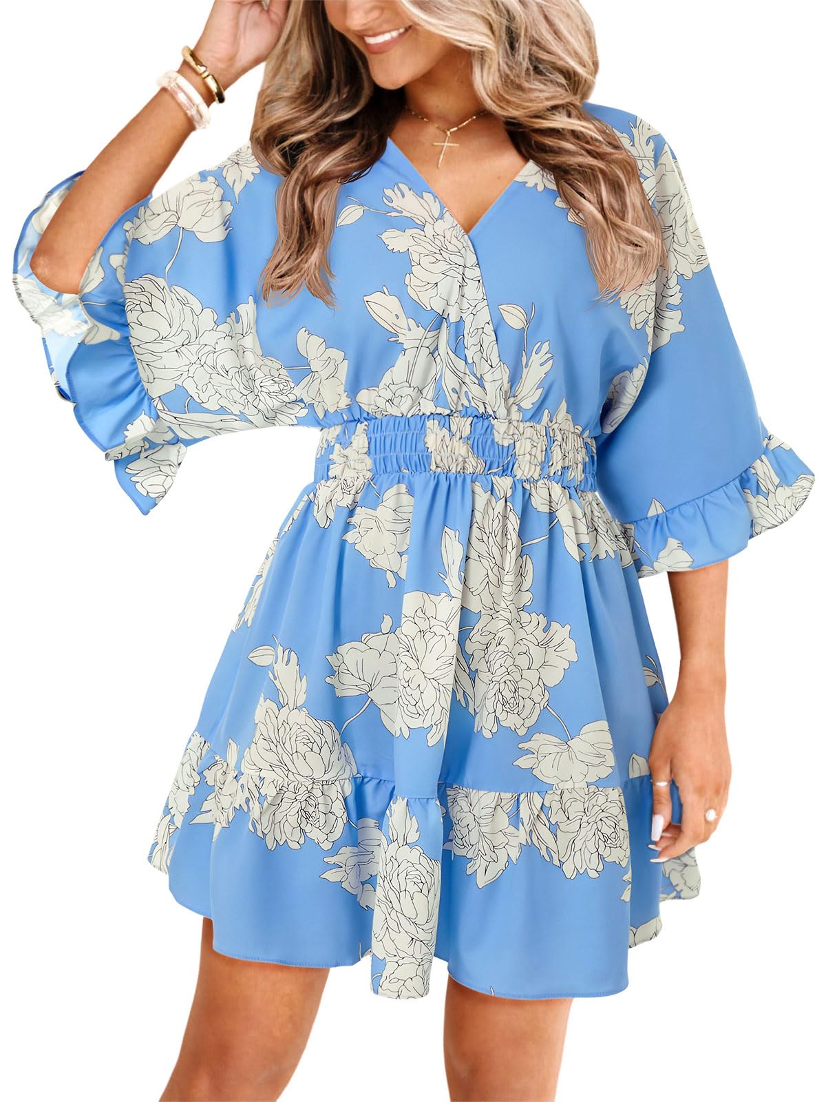 Aoysky Womens V Neck Casual Dresses Summer Cute Mini Short Western Dress