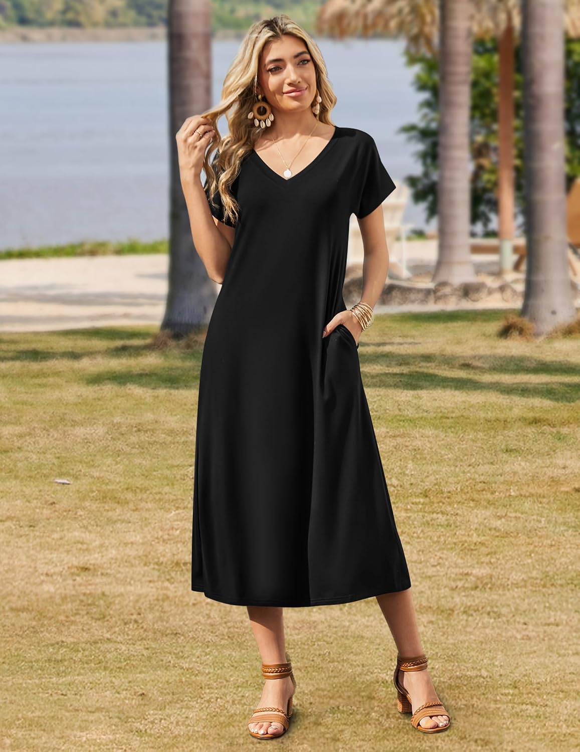Zeagoo Women Summer Floral Dress Short Sleeve Beach Dress with Pockets Casual V-Neck Split Long T-Shirt Dress Travel Vacation
