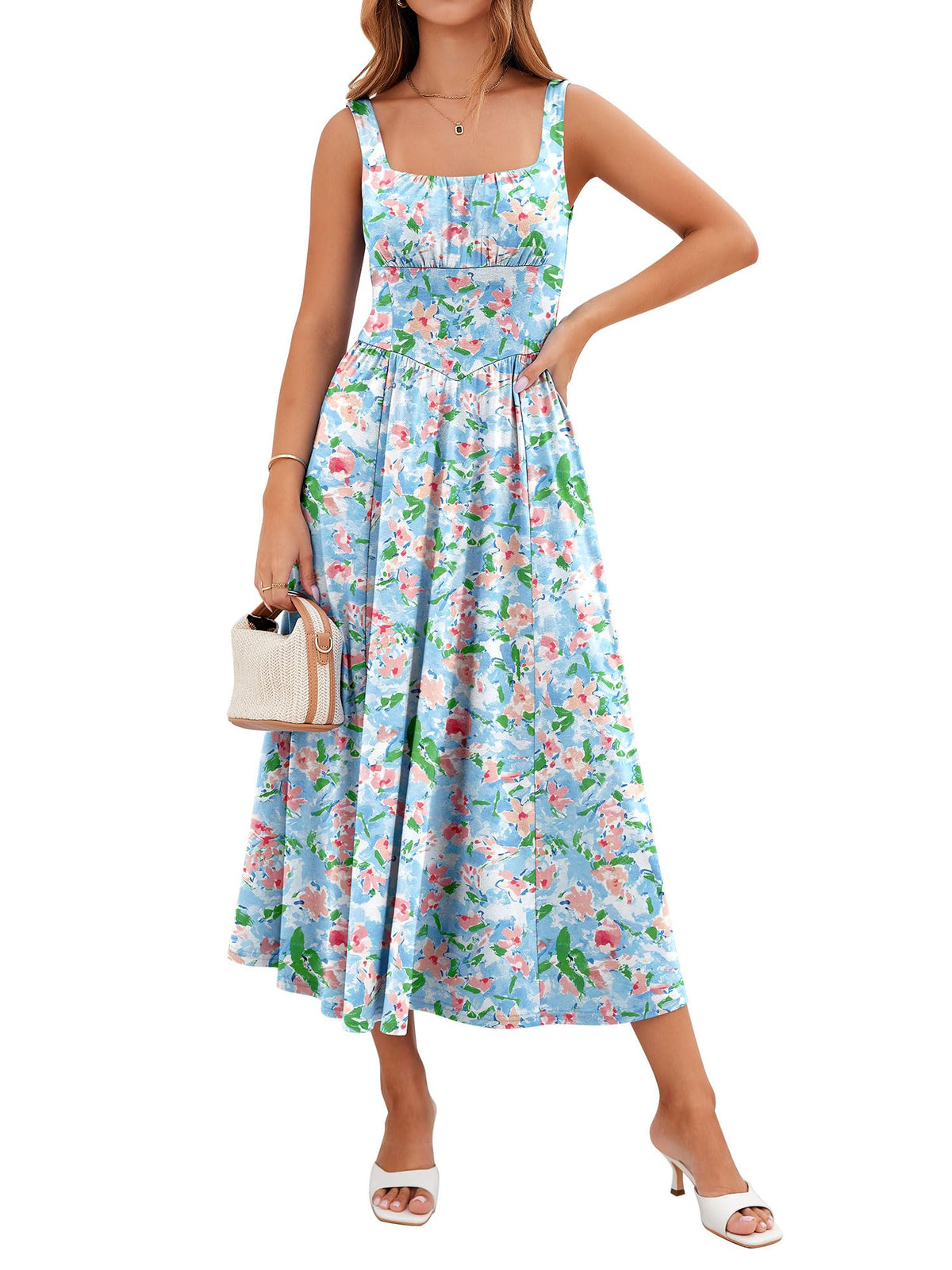 YIOYOLA Womens Casual Summer Dress with Pockets | Sleeveless Square Neck Flowy A-Line Midi Sundress for Beach & Wedding Guest