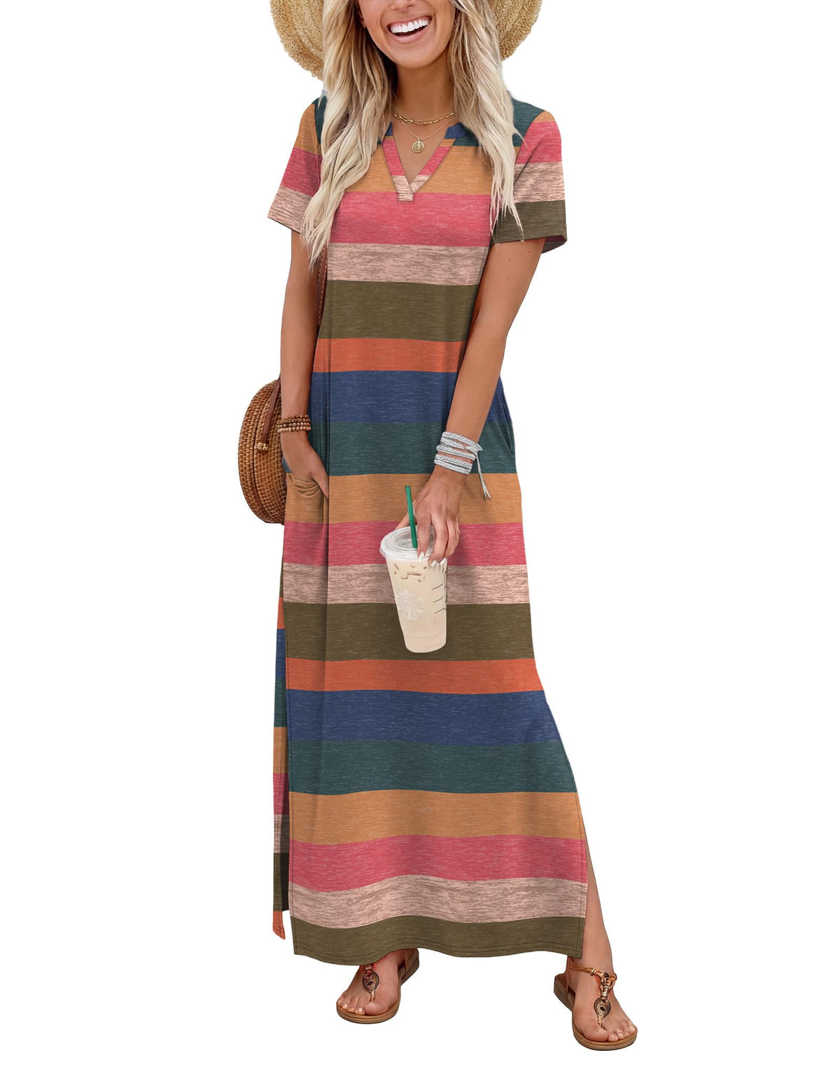 OFEEFAN Summer Dresses for Women 2026 Maxi Dress Short Sleeve Sundresses with Pockets Beach Vacation Spring Outfits