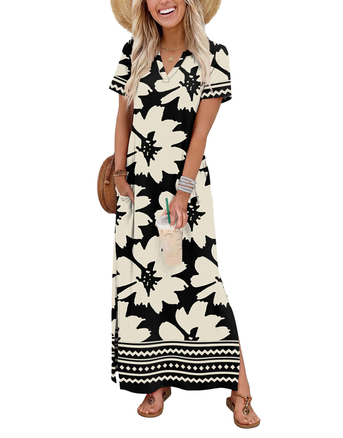 OFEEFAN Summer Dresses for Women 2026 Maxi Dress Short Sleeve Sundresses with Pockets Beach Vacation Spring Outfits