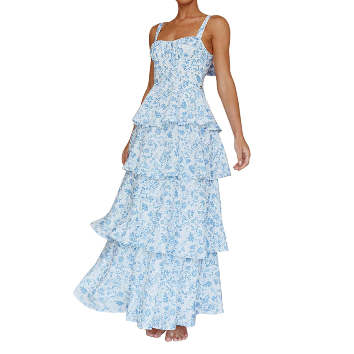 ABYOVRT Women Floral Maxi Dress Sleeveless Bow Back Tiered Boho Flowy Long Dresses Summer Fall