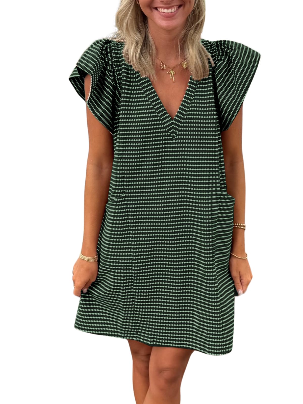 Mieazom Striped V-Neck Mini Dress for Women Puff Sleeve Casual Dress with Pockets, Comfortable & Stylish for Summer