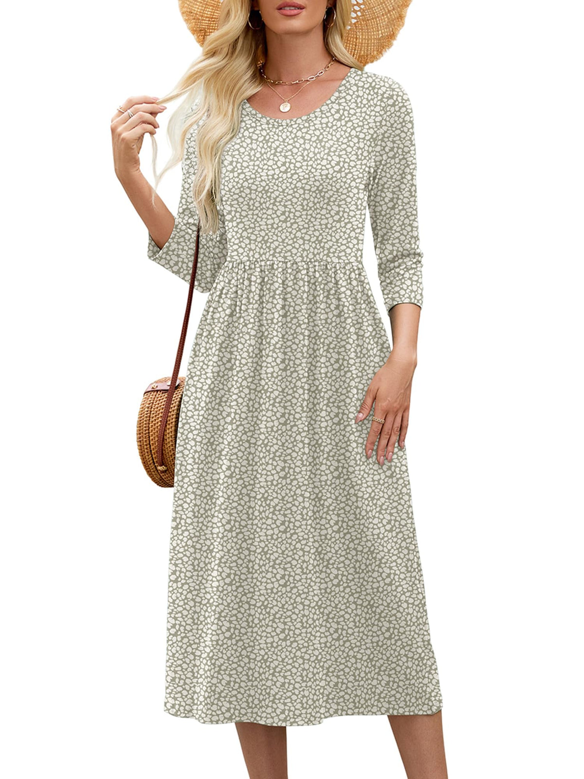 Heymoments Women's Casual 3/4 Sleeve Midi Dress with Pockets