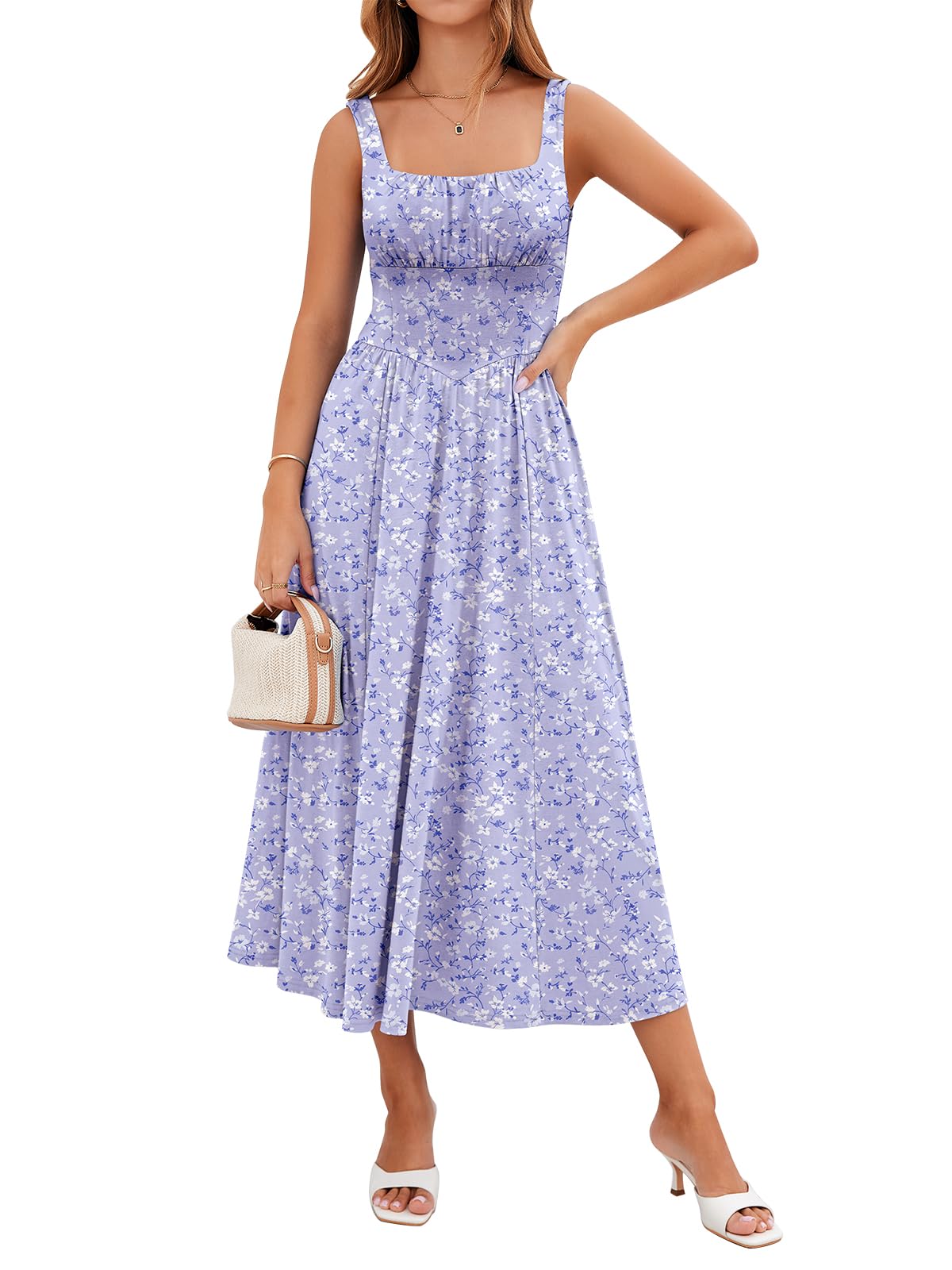 YIOYOLA Womens Casual Summer Dress with Pockets | Sleeveless Square Neck Flowy A-Line Midi Sundress for Beach & Wedding Guest