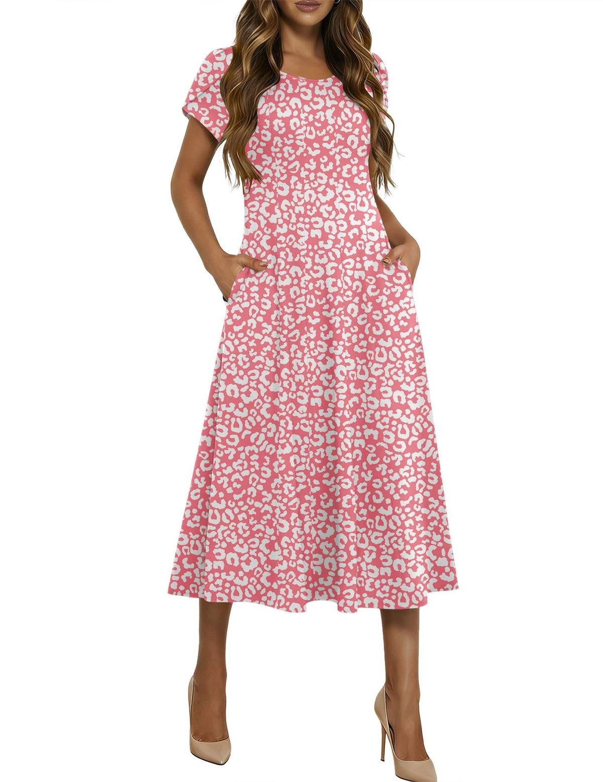 HOTOUCH Summer Dresses for Women 2026 Casual Midi Dress Petal Short Sleeve A Line Dress Pleated Flare Sundress