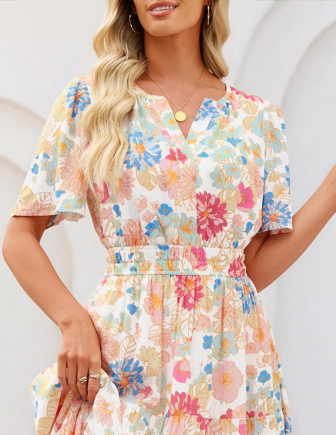 MEROKEETY Women's Summer Casual Floral Boho Short Sleeve Midi Maxi Dresses