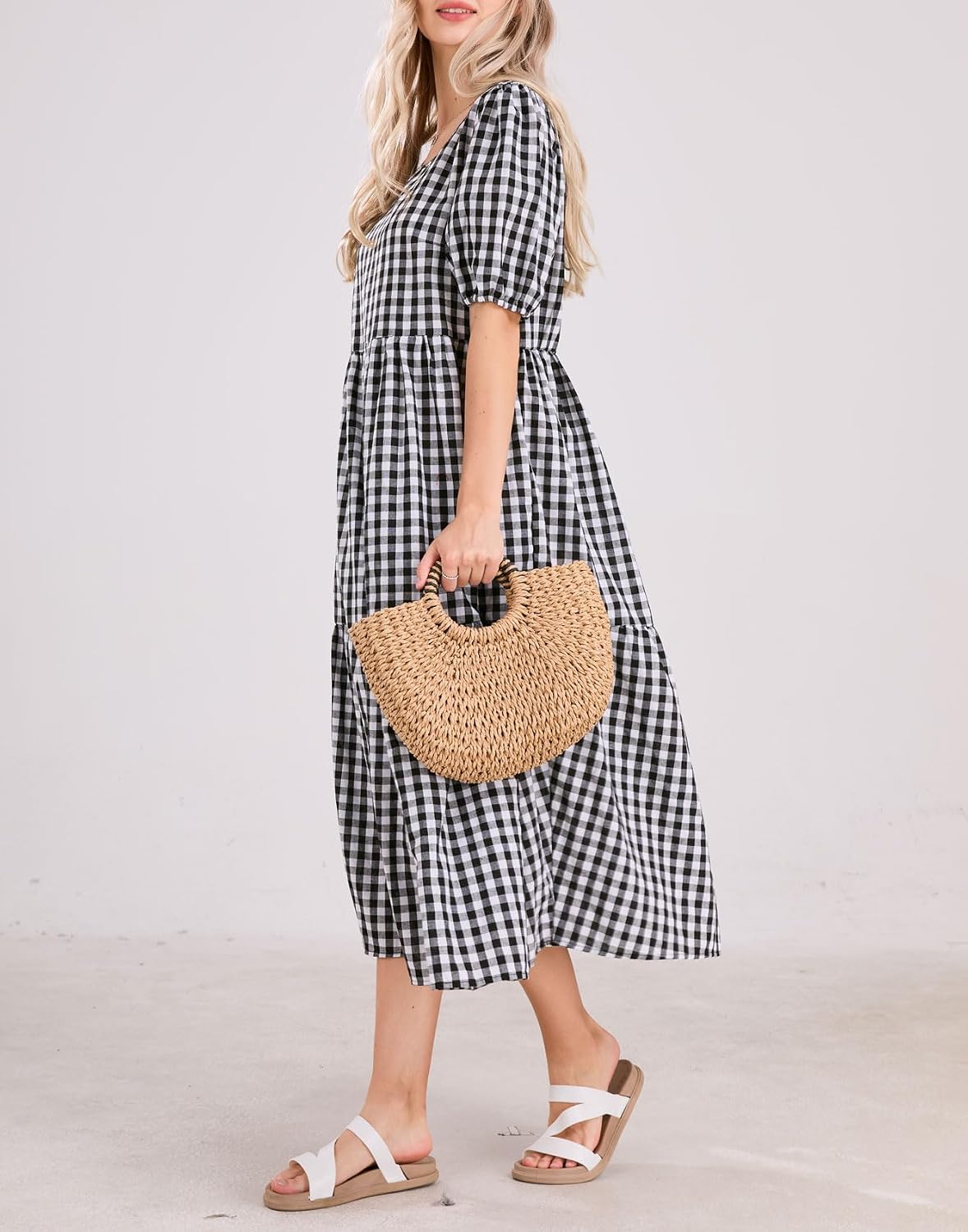 chouyatou Women's Retro Lantern Puff Sleeve Plaid Dress Gingham Swing Tiered Midi Long Dress