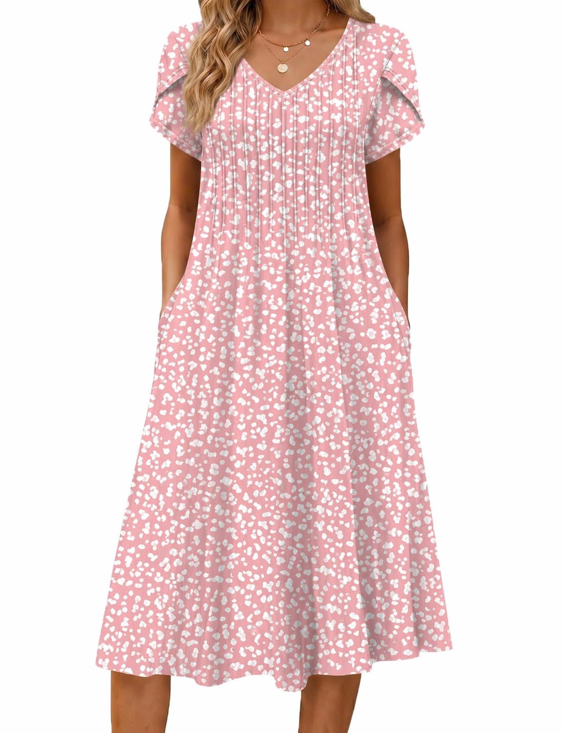 Zeagoo Womens Casual Summer Dress 2026 Short Sleeve Dresses Pleats Midi A Line Flowy Dress Boho Beach Sundress with Pockets