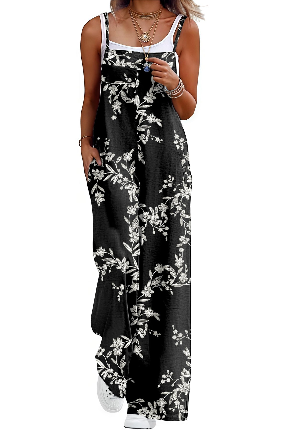Lepunuo Womens Casual Loose Jumpsuits Summer Boho Wide Leg Rompers Sleeveless Overalls with Pockets