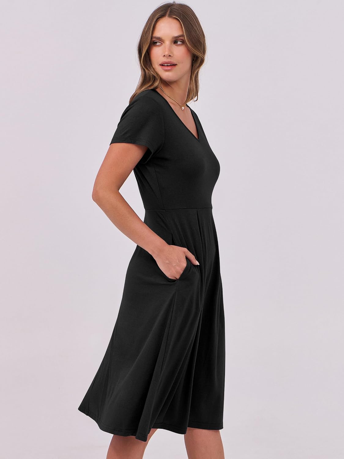 ANRABESS Women Summer Dress Casual Short Sleeve V Neck A-Line Knee Length Pleated Flowy 2026 Fashion Midi Dresses with Pocket
