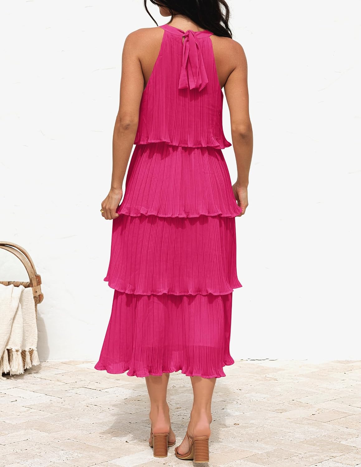 ZESICA Womens Summer Halter Ruffle Wedding Guest Midi Dresses