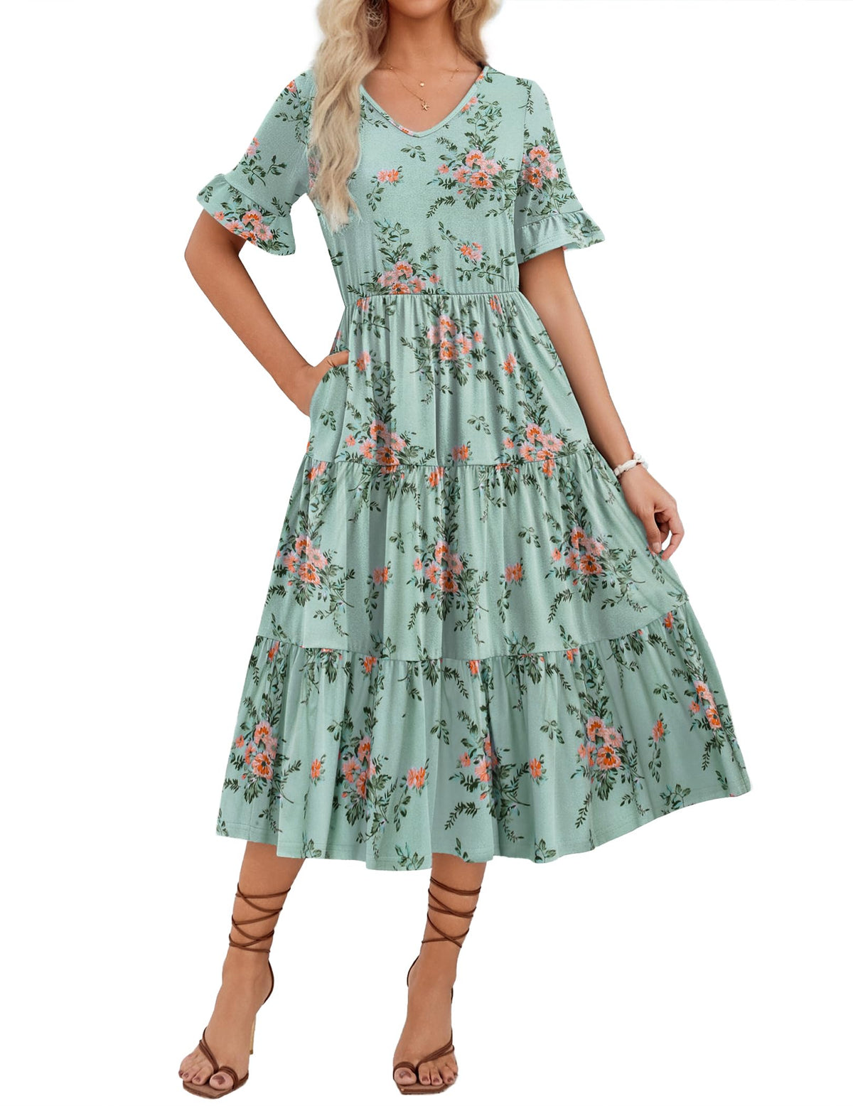 ZEAGOO Women's Summer Dresses Midi Tiered Casual Dress Floral V Neck Ruffle Short Sleeve Flowy Beach Dress with Pockets