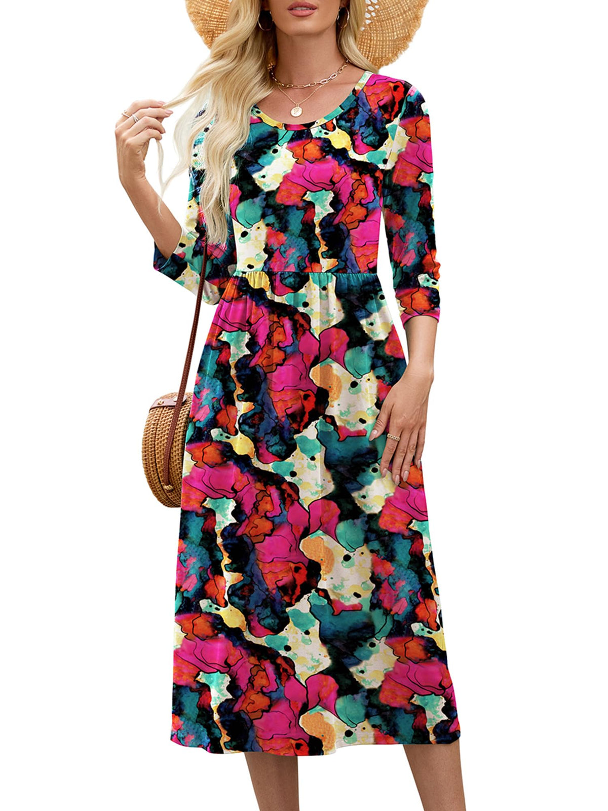 Heymoments Women's Casual 3/4 Sleeve Midi Dress with Pockets