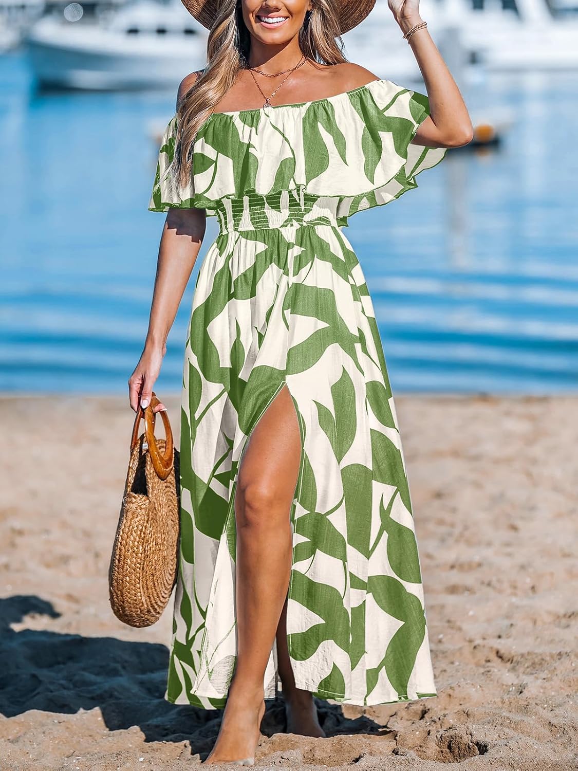 CUPSHE Womens Ruffle Floral Maxi Summer Dress Off Shoulder Beach Dress