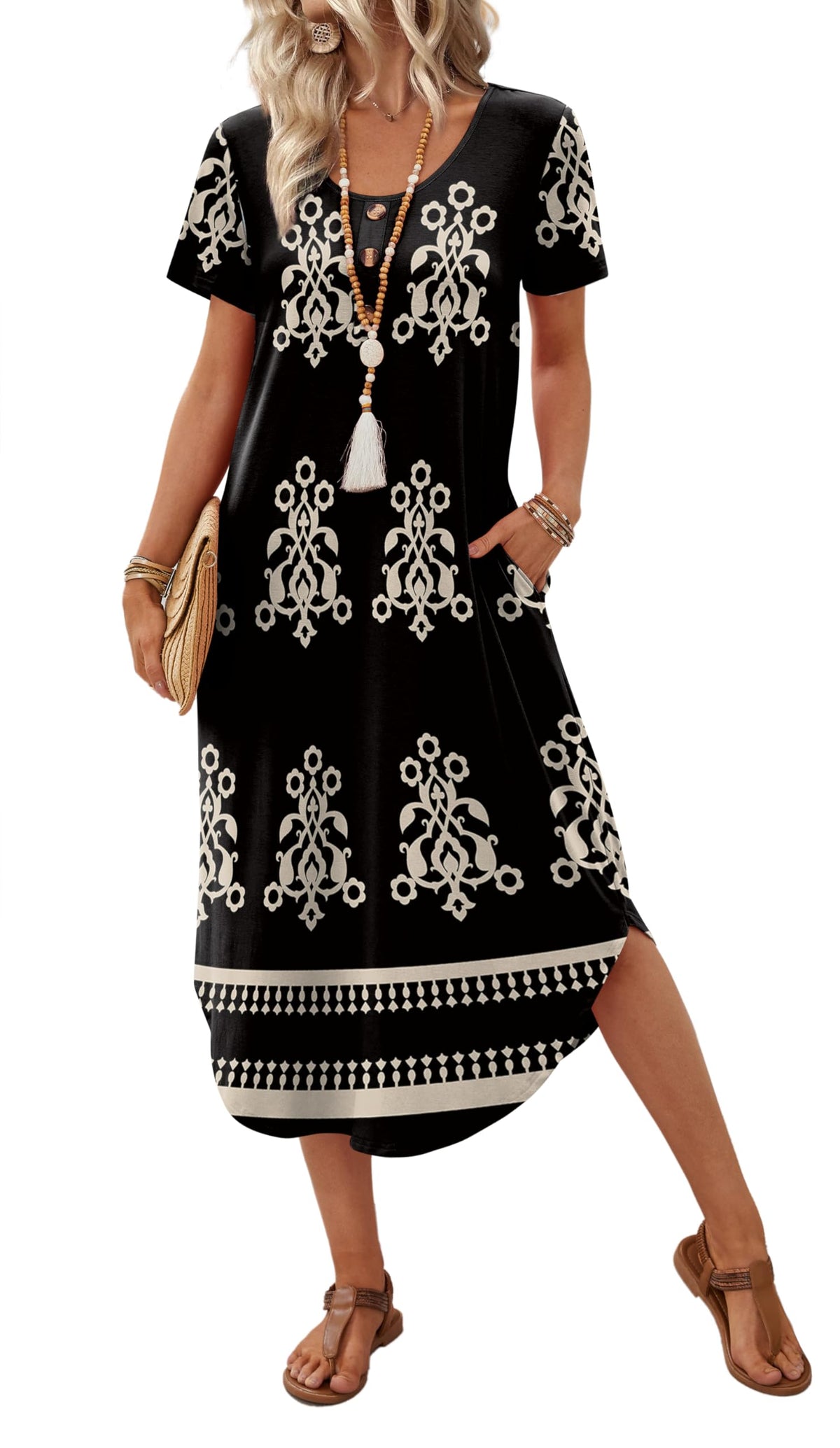 OFEEFAN Summer Dresses for Women 2026 Casual Midi Dresses Beach Vacation Outfits Tshirt Dress with Pockets Resort Wear
