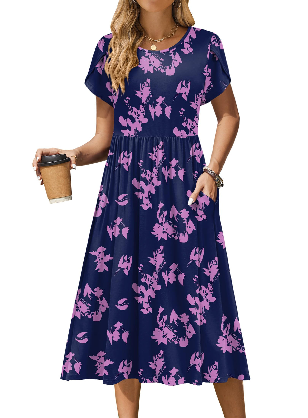 Zeagoo Womens Summer Dresses Casual Aline Midi Dress Short Sleeve Floral Tshirt Dress Flowy Beach Sundresses with Pockets