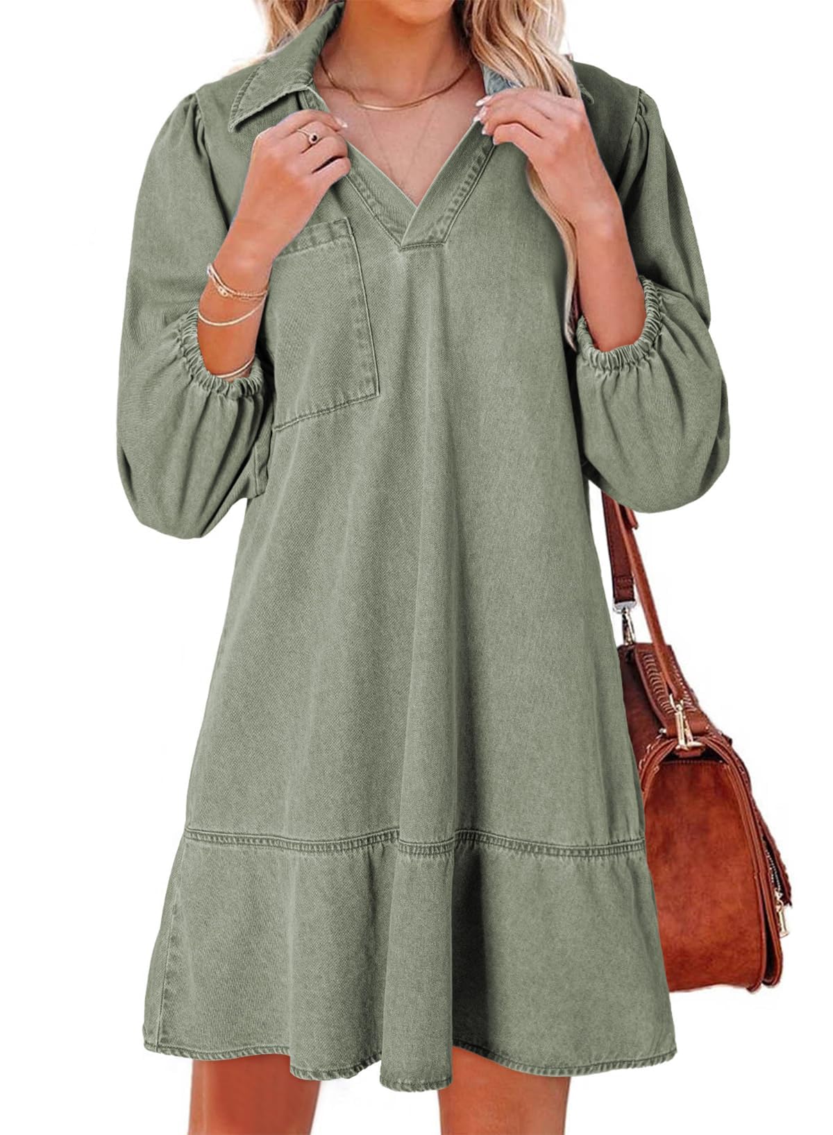 Dokotoo Denim Dress for Women Fall 3/4 Puff Sleeve Babydoll Jean Dress