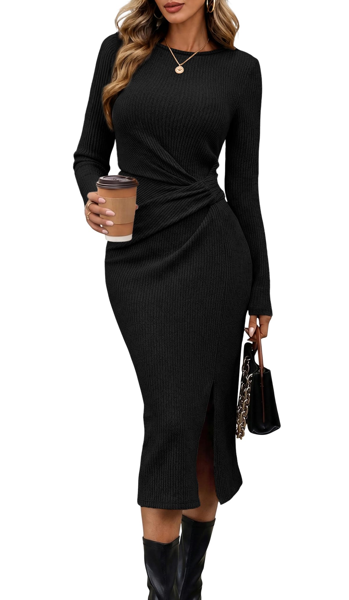 OFEEFAN Long Sleeve Dress for Women Fall Wedding Guest Dress Sweater Dress