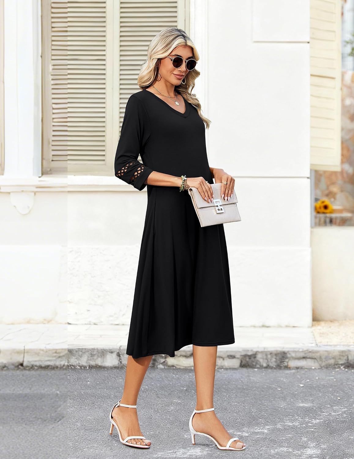 Zeagoo Women's Dresses 3/4 Sleeve Casual V-Neck A Line Eyelet Midi Dress
