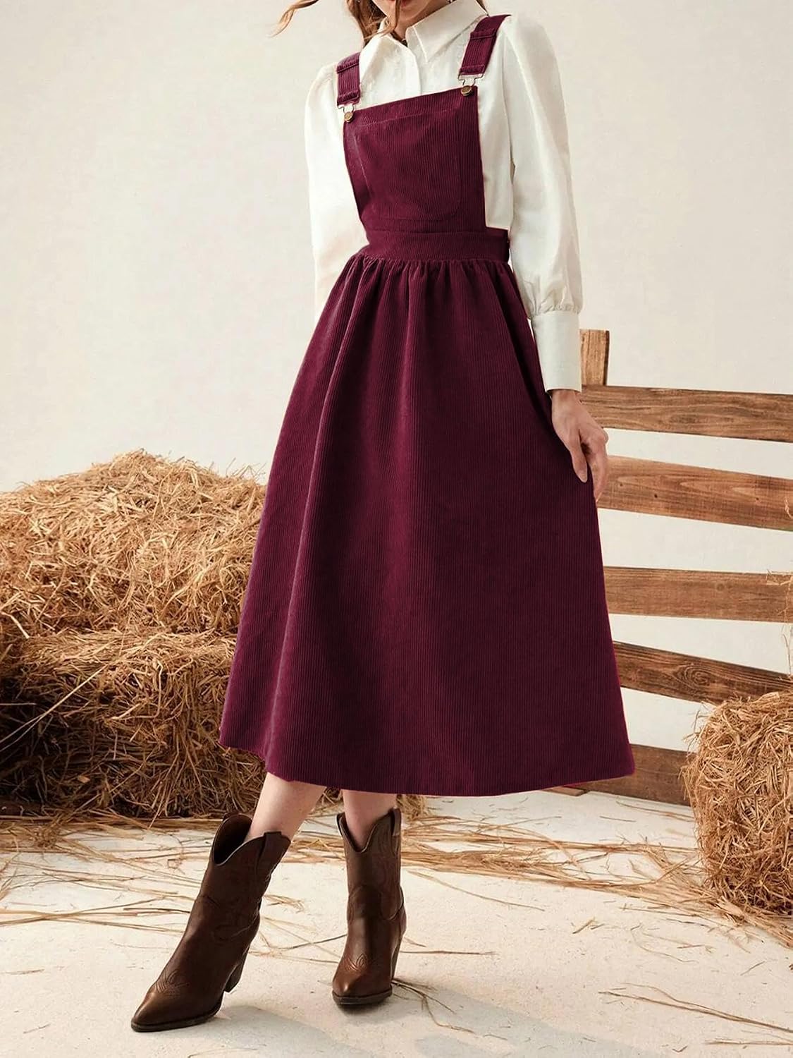 chouyatou Women's Fall Corduroy Overall Dress Adjustable Strap A Line Flare Pinafore Midi Jumper Dress