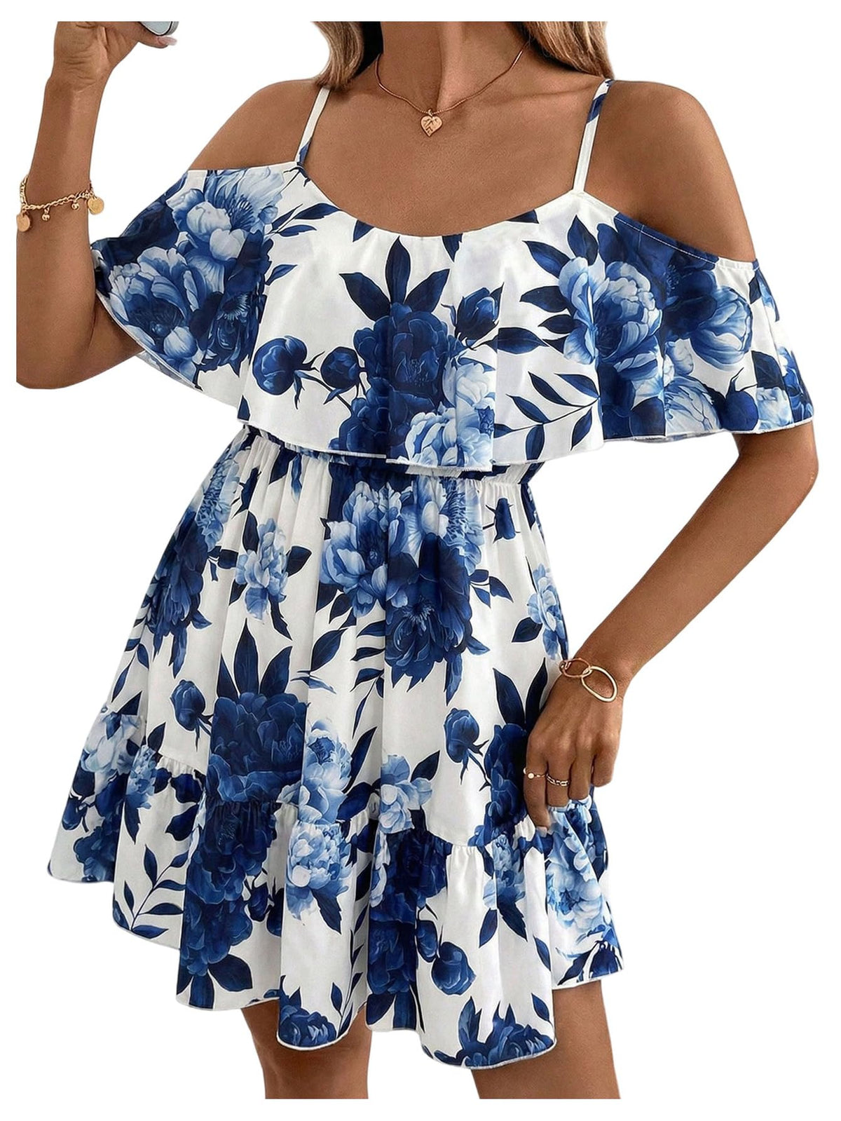 SOLY HUX Women's Summer Floral Mini Dress Cold Shoulder Ruffle Dresses