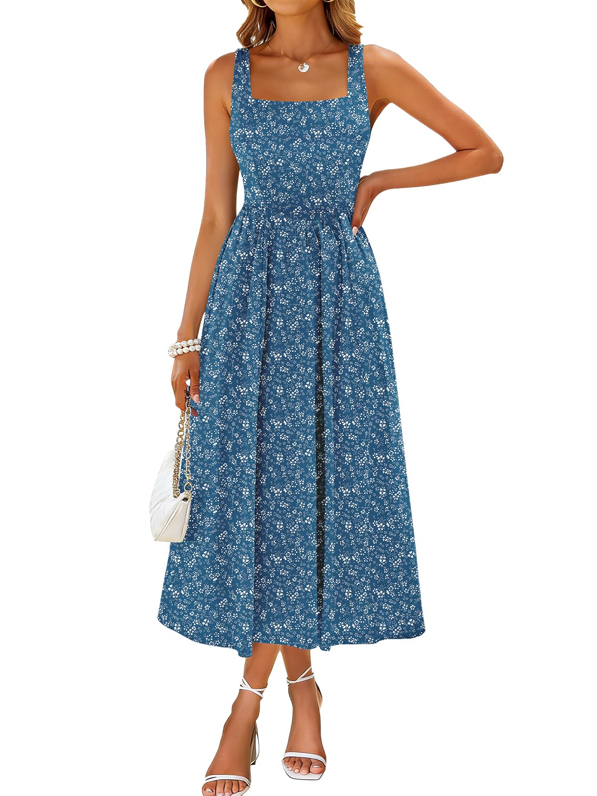 Sureple Midi Dresses for Women 2026 Spring Square Neck Tank Sleeveless A Line Casual Summer Sundresses with Pockets