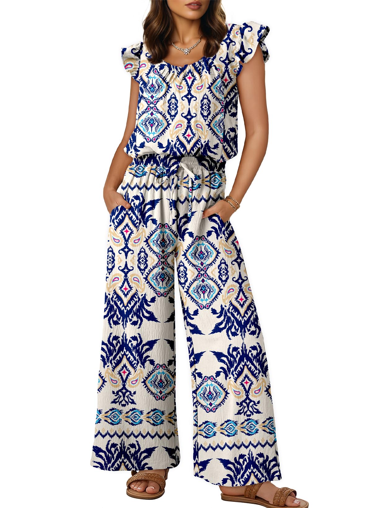 Dokotoo Jumpsuits for Women 2026 Summer Ruffle Sleeves Square Neck Rompers Drawstring Overalls with Pockets